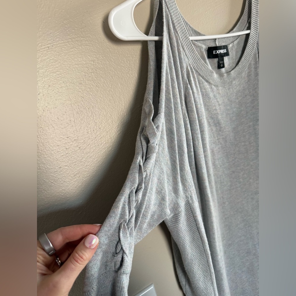 Express Light Gray Cold-Shoulder Sweater Top - Picture 3 of 5